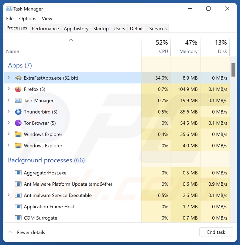 Processo ExtraFastApps PUA no Gestor de Tarefas (ExtraFastApps.exe - nome do processo)