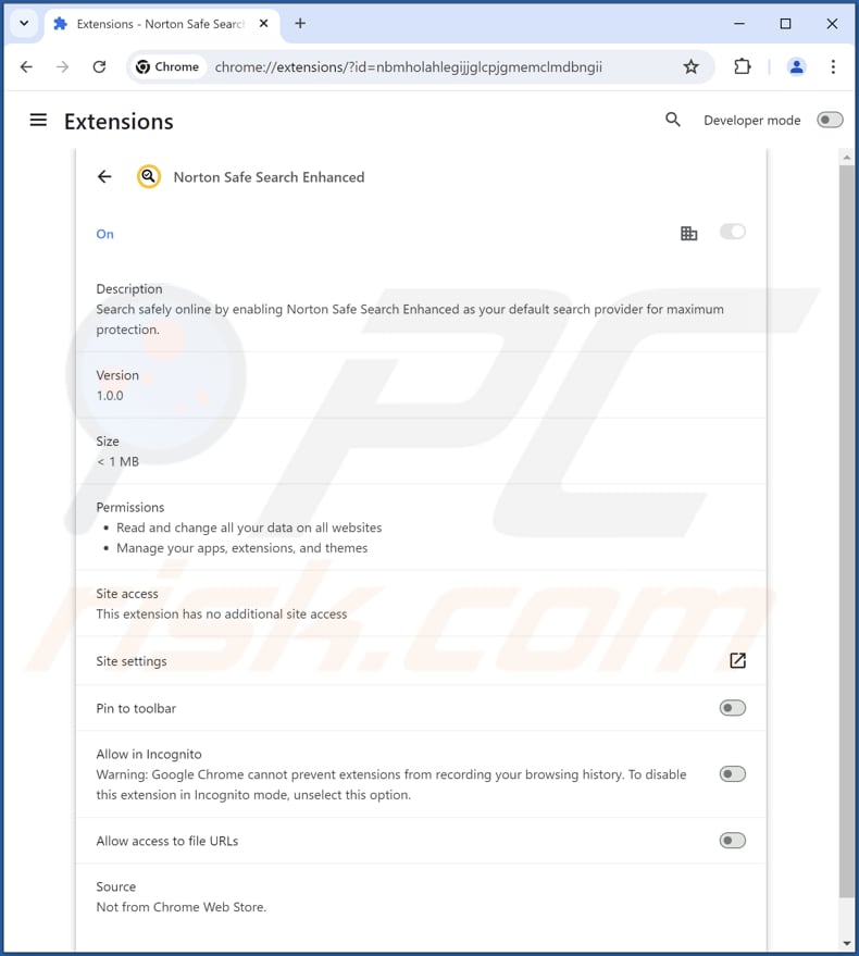 Descrição da extensão Fake Norton Safe Search Enhanced