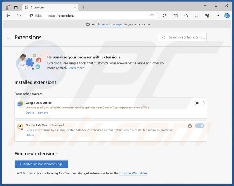 getsearchredirecting.com redirecciona a extensão Norton Safe Search Enhanced no Edge