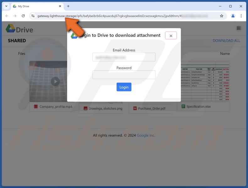 Google Drive página de phishing do e-mail scam