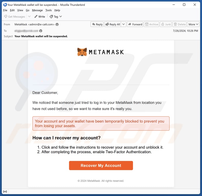 MetaMask Log-In Attempt campanha de spam por correio eletrónico