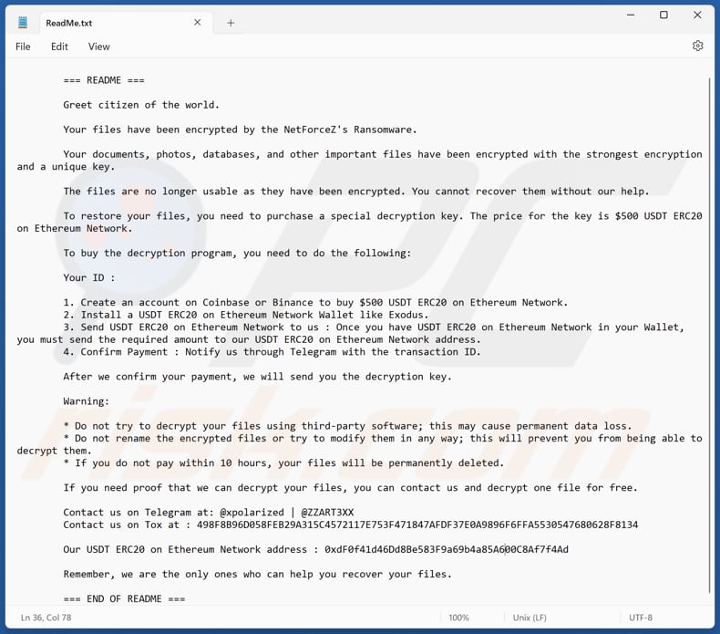 NetForceZ ransomware ficheiro de texto (ReadMe.txt)