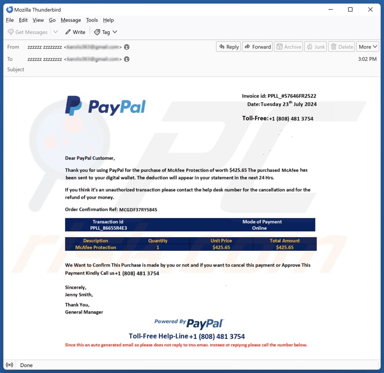 PayPal Order Confirmation campanha de spam por correio eletrónico