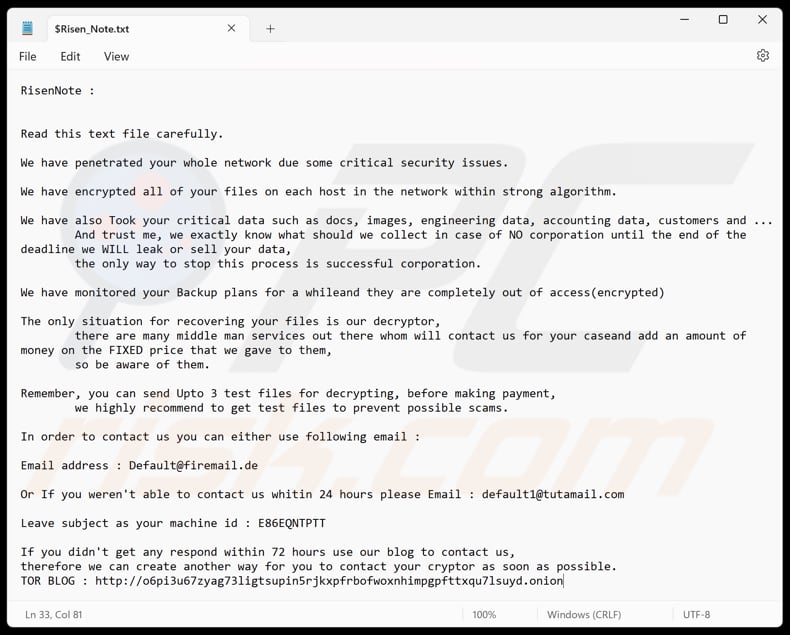 Risen ransomware ficheiro de texto ($Risen_Note.txt)
