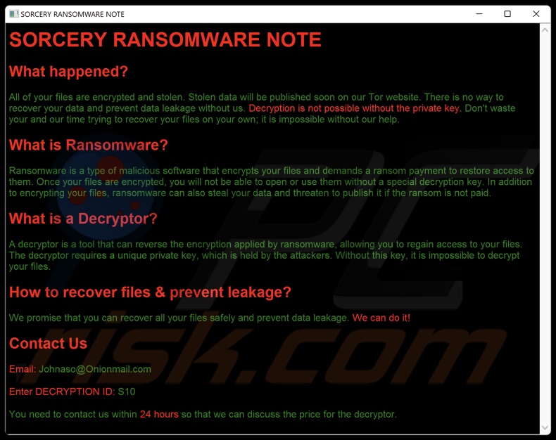 Sorcery ransomware nota de resgate (README.hta)