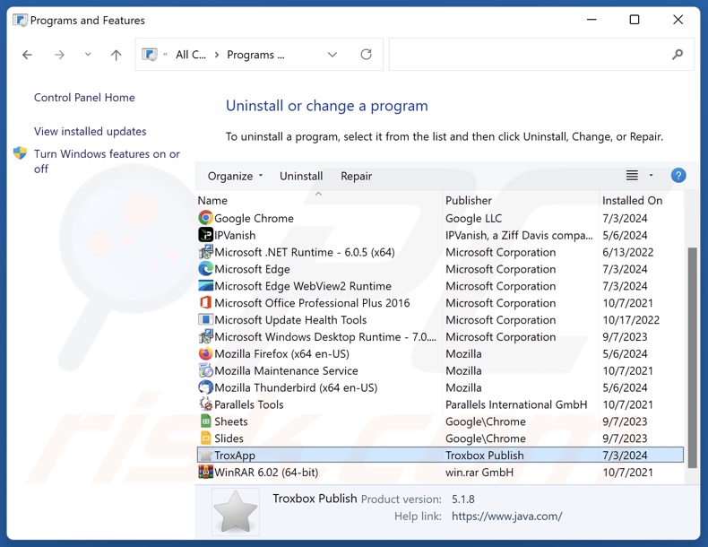 Desinstalação do TroxApp através do Painel de Controlo
