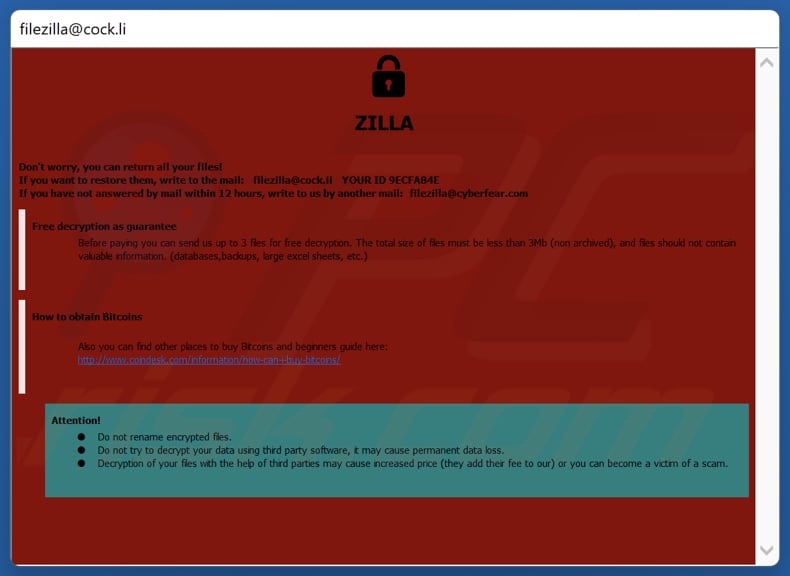 ZILLA ransomware nota de resgate (pop-up window)