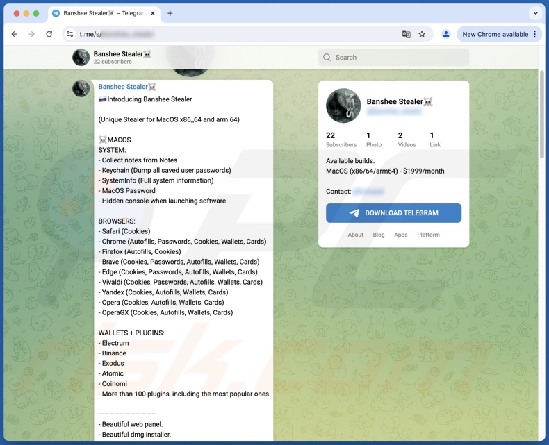 O malware Banshee foi apoiado no Telegram