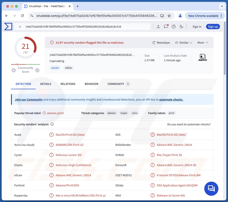 Detecções de adware Capmaking.app no VirusTotal