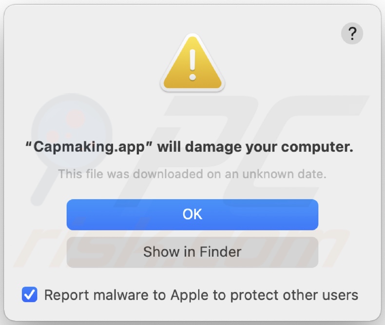 Pop-up apresentado quando o adware Capmaking.app é detectado no sistema