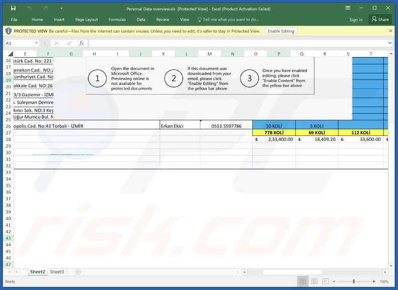 Anexo malicioso distribuído através da campanha de spam Compromise Of Your Digital Identity (Personal Data overview.xls)