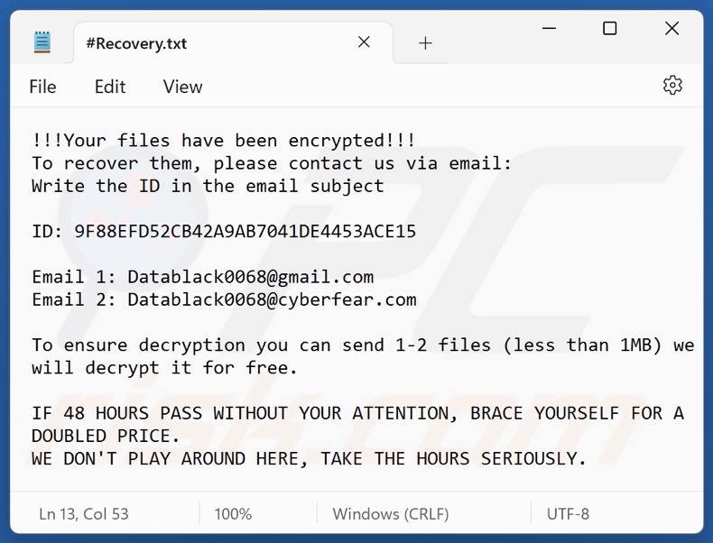 Datablack ransomware nota de resgate (#Recovery.txt)