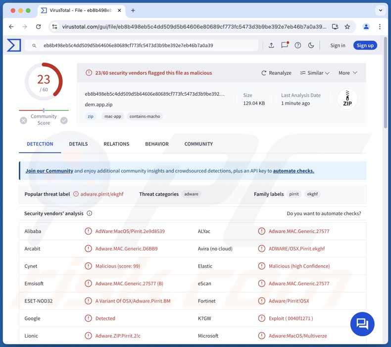 Detecções de adware Dem.app no VirusTotal