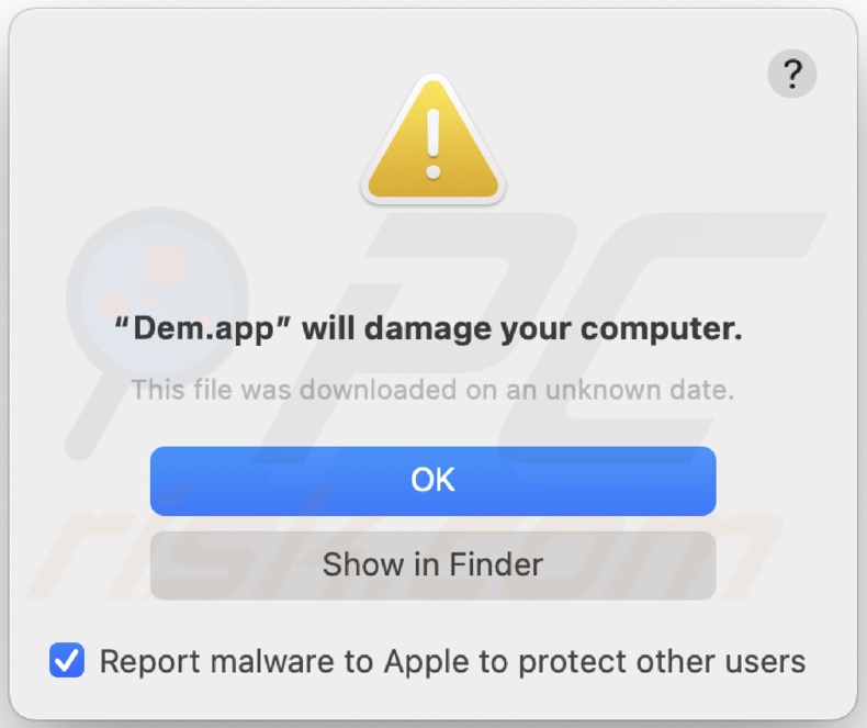 Pop-up apresentado quando o adware Dem.app é detectado no sistema