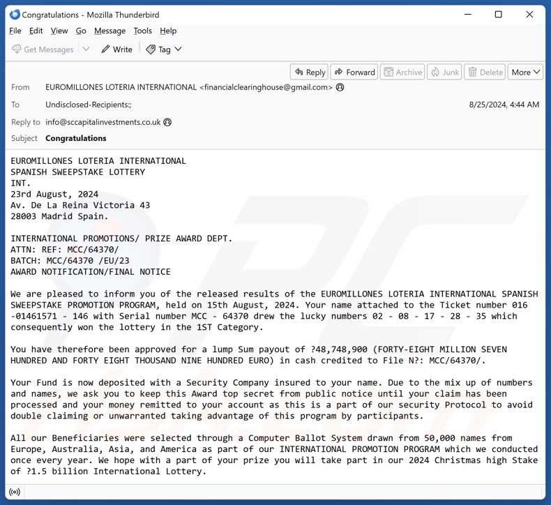 EUROMILLONES LOTERIA INTERNATIONAL campanha de spam por correio eletrónico
