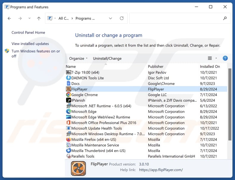 Desinstalação do FlipPlayer através do Painel de Controlo