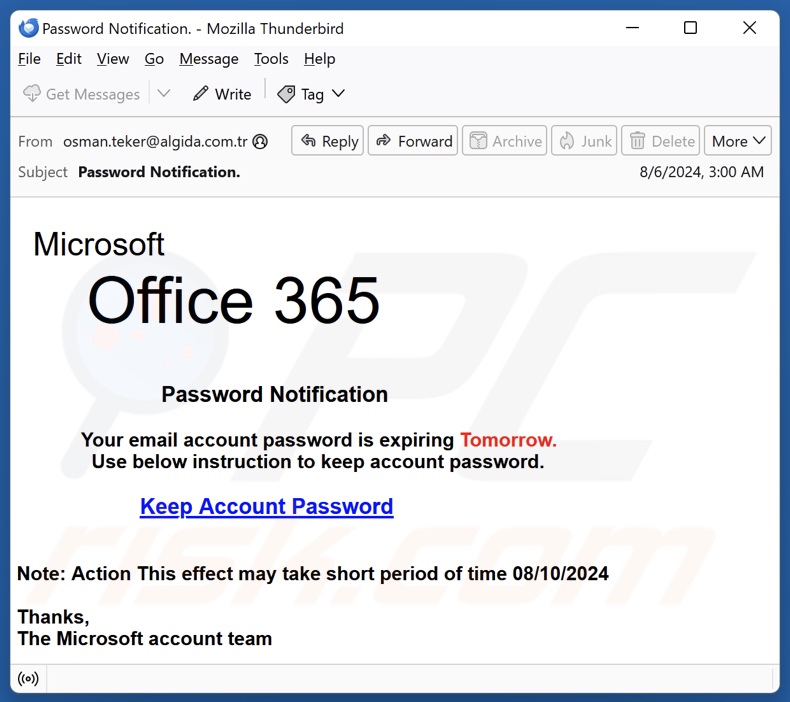 Microsoft Office 365 - Password Notification campanha de spam por correio eletrónico