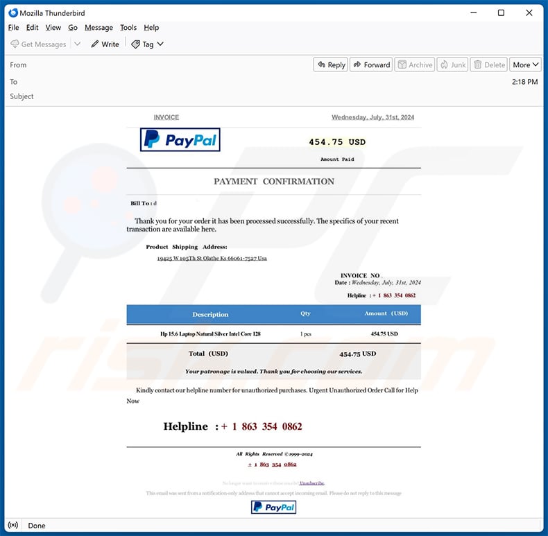 PayPal Order Confirmation email fraude (2024-08-06)