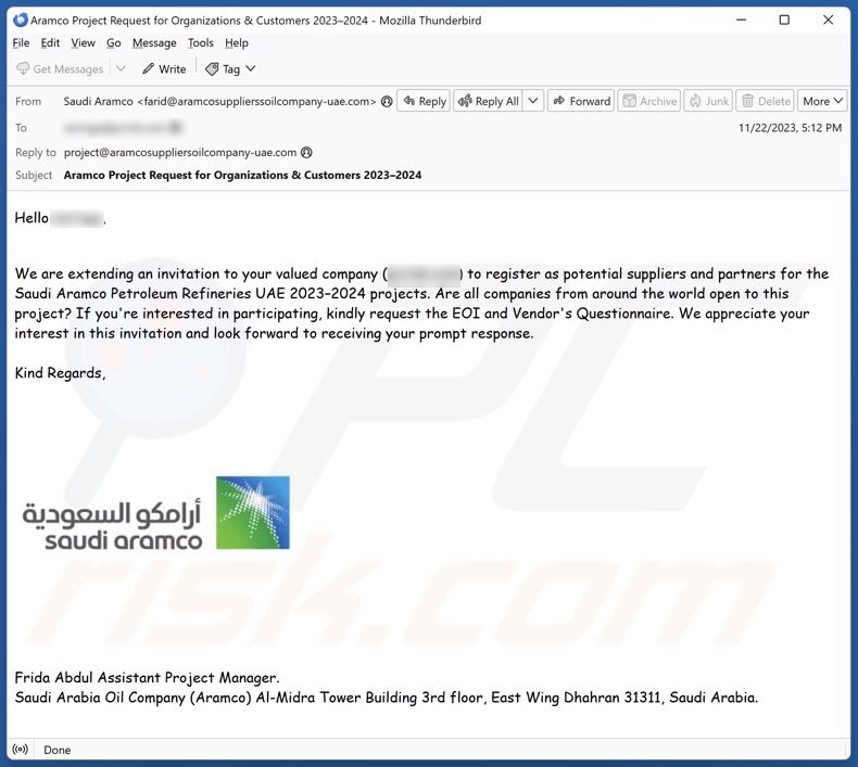 Saudi Aramco scam email variante 1