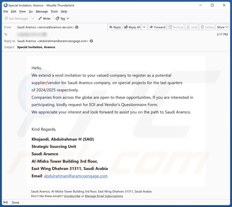 Saudi Aramco scam email versão 2