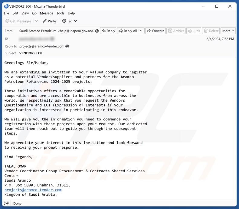 Saudi Aramco scam email versão 3