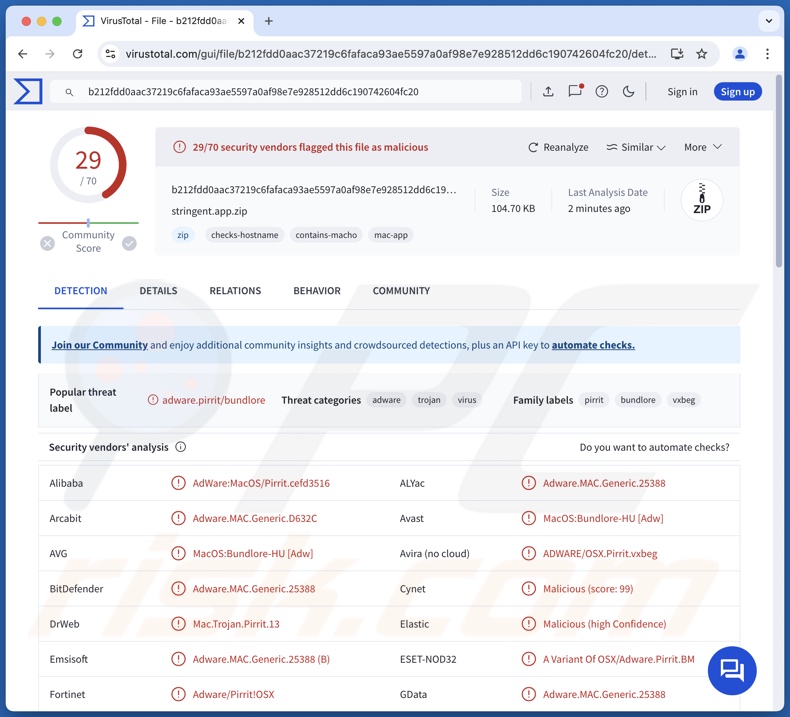 Stringent.app detecções de adware no VirusTotal