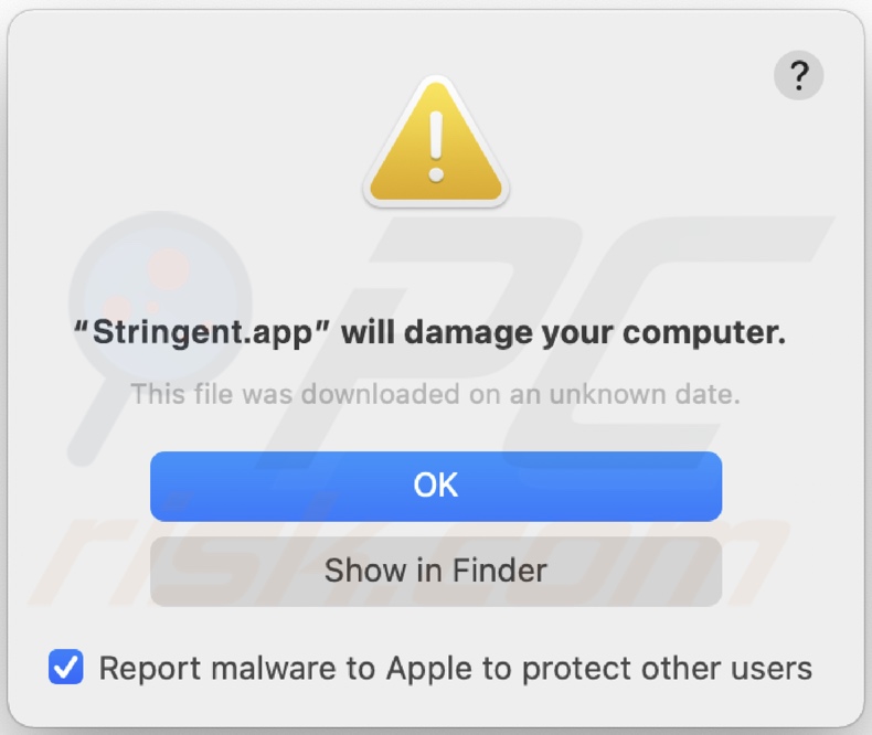 Pop-up apresentado quando o adware Stringent.app é detectado no sistema