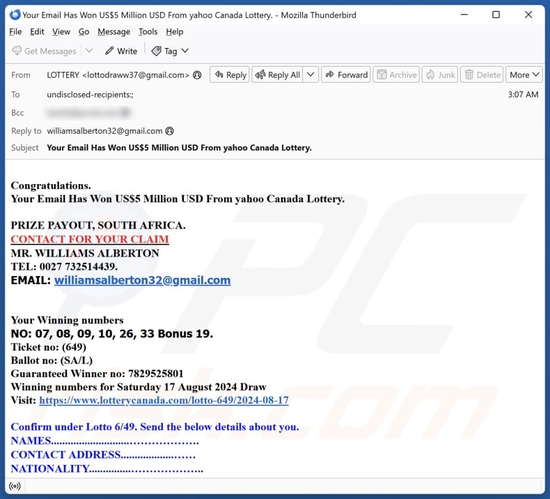 Yahoo Canada Lottery campanha de spam por correio eletrónico