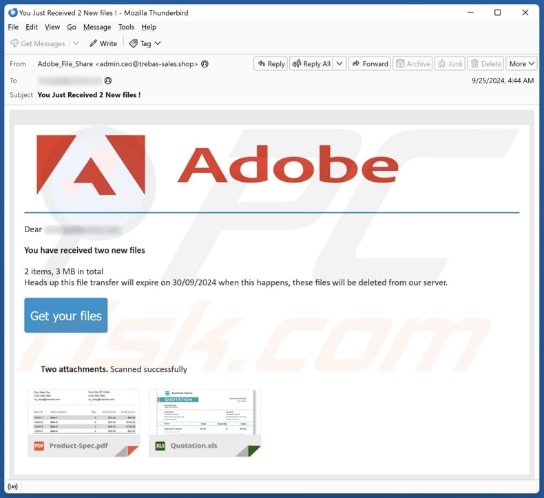 Adobe - You Have Received New Files campanha de spam por correio eletrónico