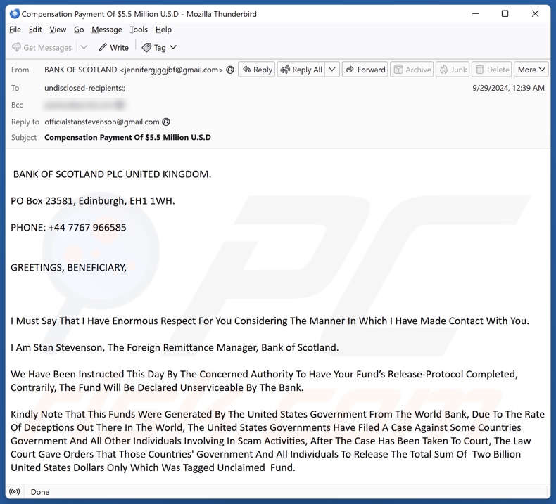 Bank Of Scotland campanha de spam por correio eletrónico