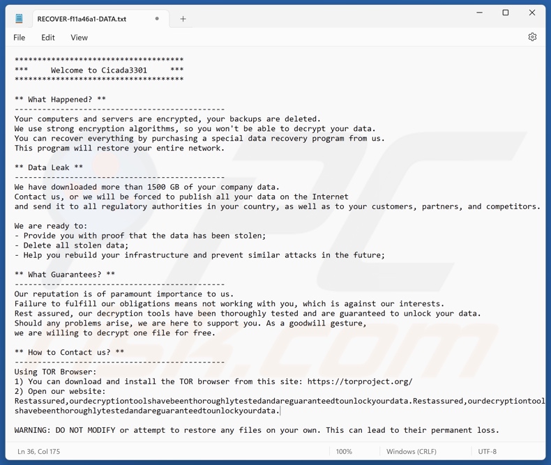 Cicada 3301 ransomware nota de resgate (RESTORE-[extensão_do_ficheiro]-DATA.txt)