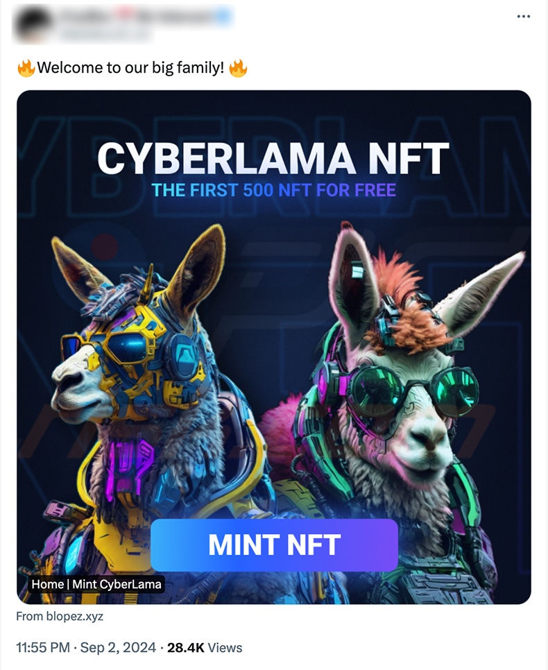 X (Twitter) publicação que promove o esquema CyberLama Mint