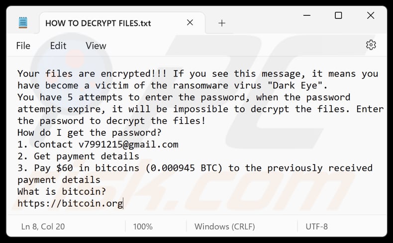 Dark Eye ransomware ficheiro de texto (HOW TO DECRYPT FILES.txt)