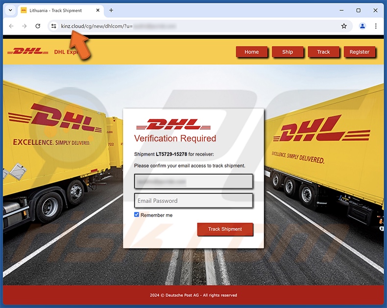 DHL Pickup Confirmation e-mail fraudulento promovido site de phishing