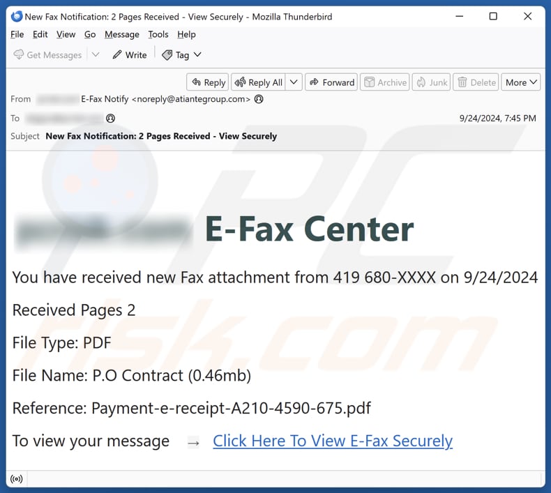 E-Fax Center campanha de spam por correio eletrónico