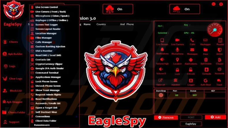 Painel de administração do malware EagleSpy