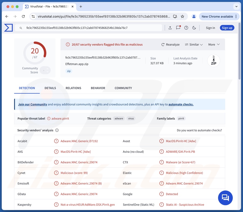 Detecções de adware Effetman.app no VirusTotal