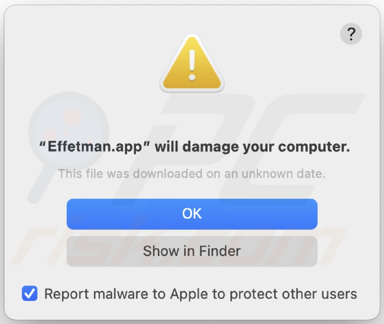 Pop-up apresentado quando o adware Effetman.app é detectado no sistema