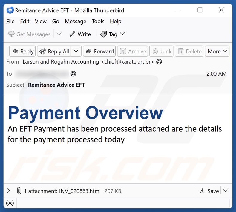 EFT Payment Overview campanha de spam por correio eletrónico