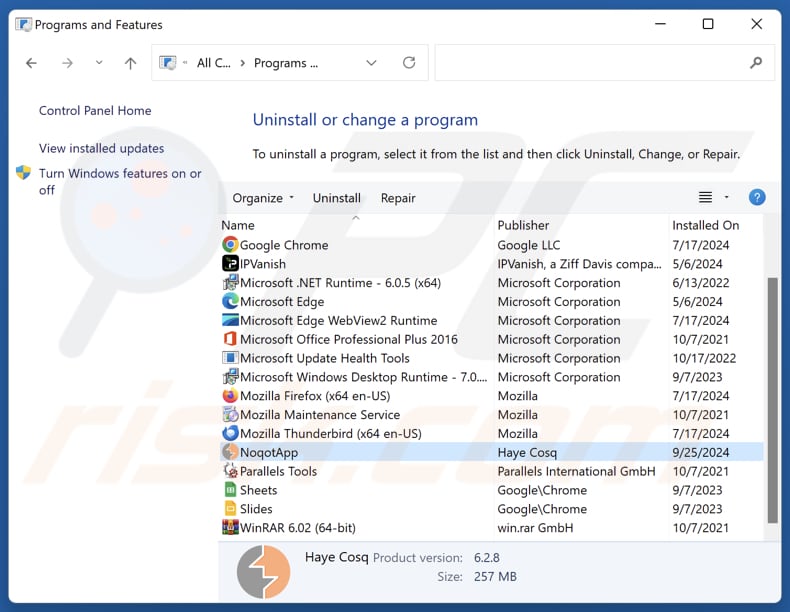 NoqotApp desinstalar através do Painel de Controlo