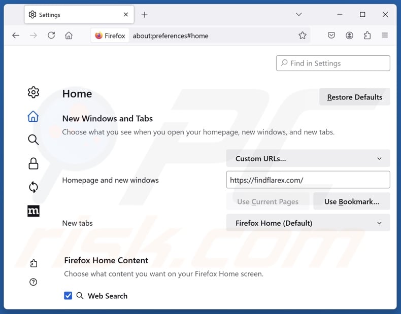 Removendo findflarex.com da página inicial do Mozilla Firefox