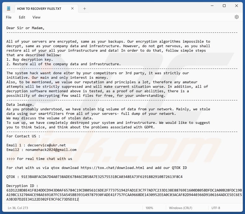 ScRansom ransomware ficheiro de texto (HOW TO RECOVERY FILES.TXT)