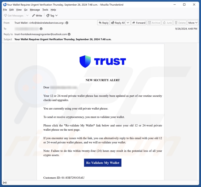 Trust Wallet - New Security Alert campanha de spam por correio eletrónico