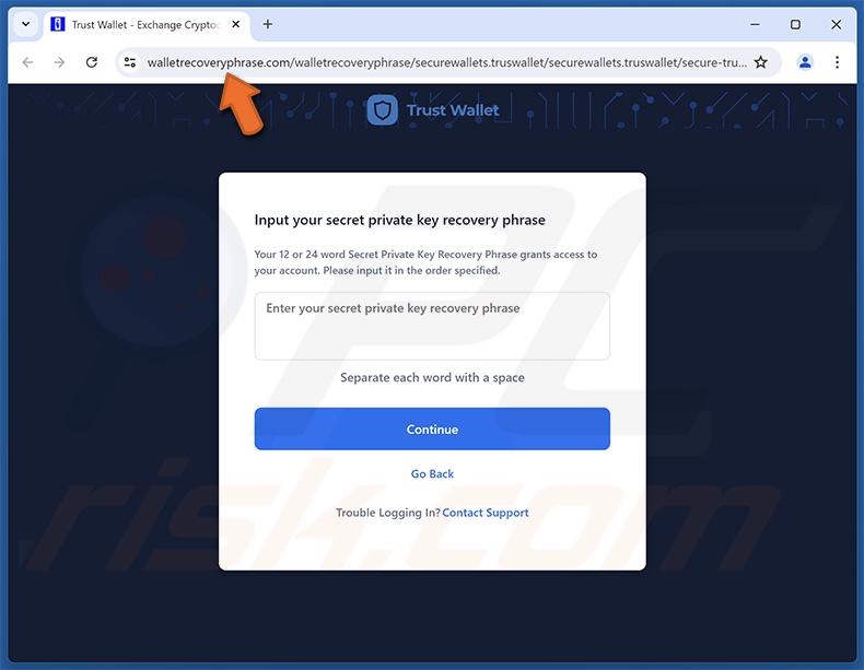 Trust Wallet - New Security Alert e-mail fraudulento promovido site de phishing