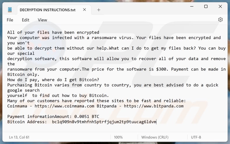 Ficheiro de texto do ransomware Tyson (DECRYPTION INSTRUCTIONS.txt)