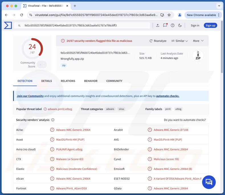 Detecções de adware Wrongfully.app no VirusTotal