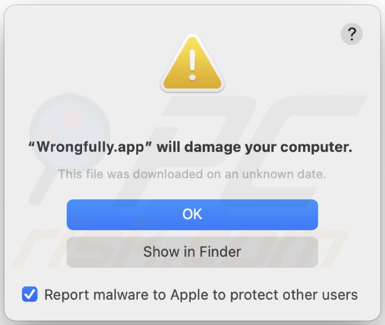 Pop-up apresentado quando o adware Wrongfully.app é detectado no sistema