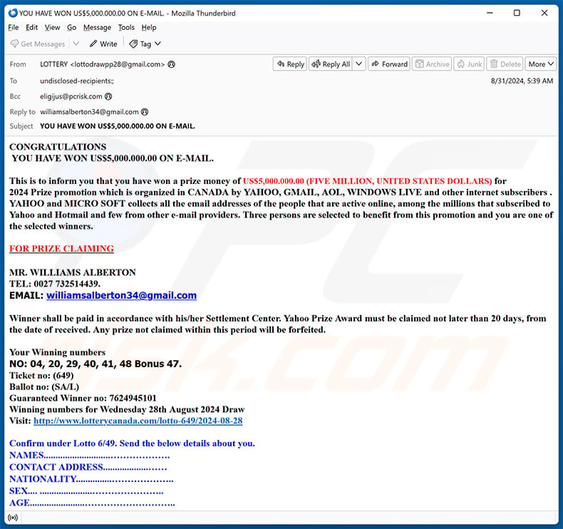 Yahoo Canada Lottery email fraude (2024-09-03)