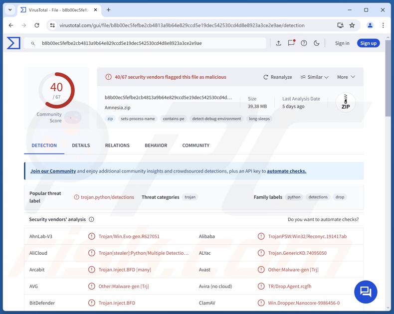 Amnesia detecções de malware no VirusTotal