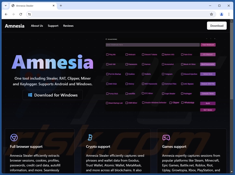 Amnesia sítio web promocional de malware